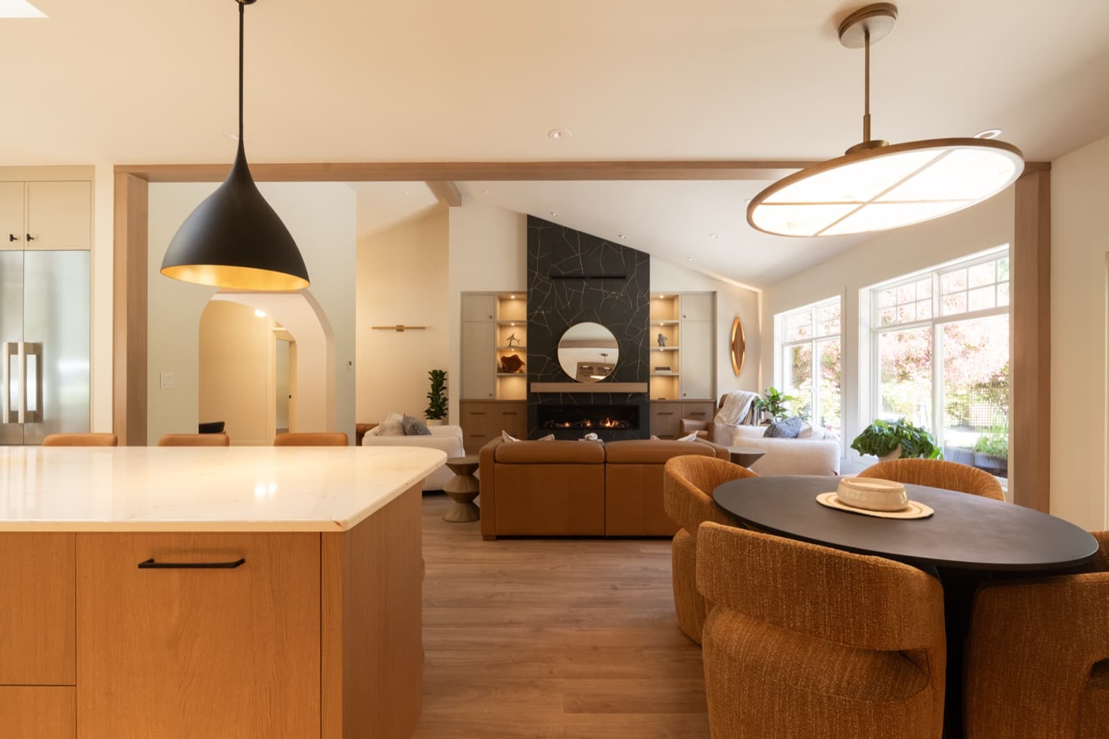 Open living and dining rooms in the completed River's Edge whole-home renovation